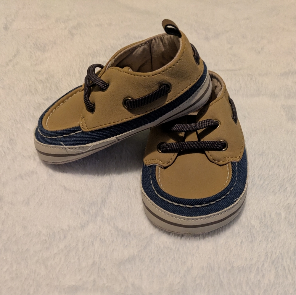 Carter's Tan and Blue Baby Boat Shoes Soft Slip-On Design
